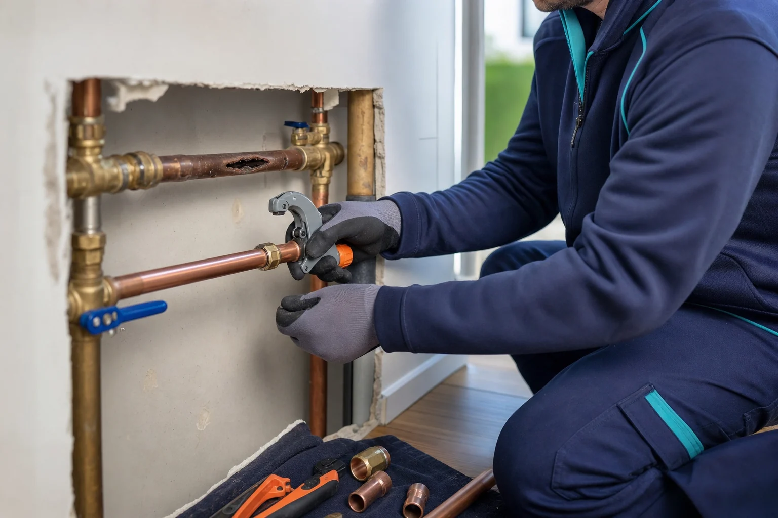 Técnico trabajando en el cambio de cañerías de una instalación sanitaria